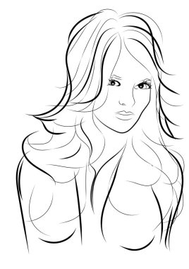Vektör çizimi. Siyah beyaz çizimli güzel sarışın kız.