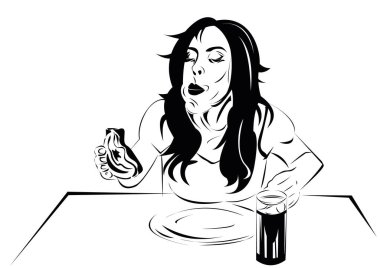 vector sketch of a woman with hamburger, on white background