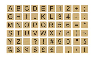 Alfabe, rakamlar ve tahta bloklara yazılmış çeşitli işaretler, beyaz arkaplanda izole edilmiş.