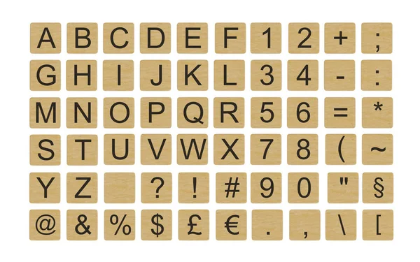 Alfabeto Dígitos Vários Sinais Escritos Blocos Madeira Isolados Sobre Fundo — Fotografia de Stock
