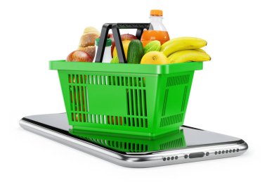 Çevrimiçi alışveriş ve teslimat. Beyaz arka planda taze yiyecek ve akıllı telefon bulunan yeşil alışveriş sepeti. 3d Hazırla