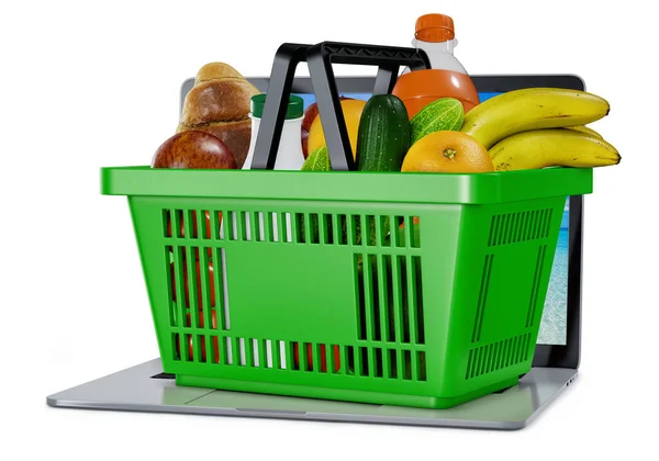 Online Buying Delivery Green Shopping Basket Fresh Food Laptop Isolated — Stock Photo, Image
