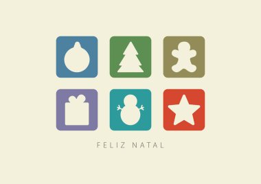 Noel süslemeli kart. Portekizce Mutlu Noeller (Feliz Natal). Vektör illüstrasyonu