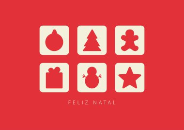 Noel süslemeli kart. Portekizce Mutlu Noeller (Feliz Natal). Vektör illüstrasyonu
