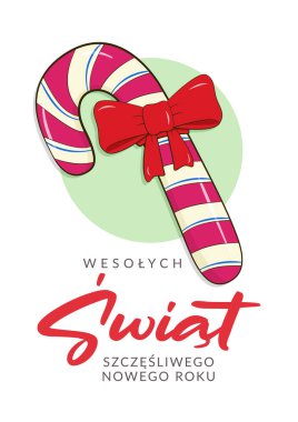 Polonya harfli Noel kartı Mutlu Noeller ve mutlu yıllar. Oklu şeker kamışı. Çizgi film. Vektör illüstrasyonu