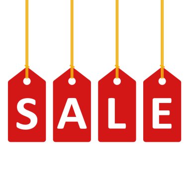 Etiketleri ve telleri olan indirimli harfler. Vektör çizimi. Beyaz arkaplanda izole