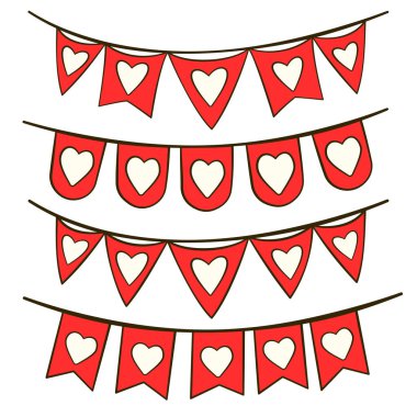 Set of red bunting flags with hearts. Valentine's day. Cartoon flat icon. Vector illustration