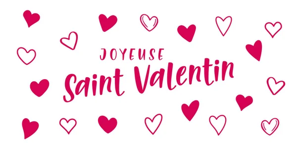 Happy Valentine's Day lettering in French with hearts. Modern card design. Cartoon. Vector illustration. Isolated on white background