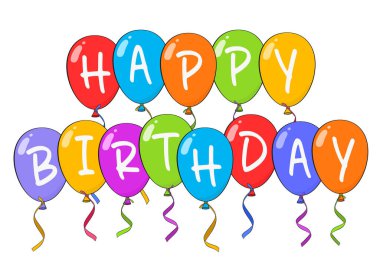 Happy Birthday lettering with colorful balloons. Cartoon. Vector illustration. Isolated on white background