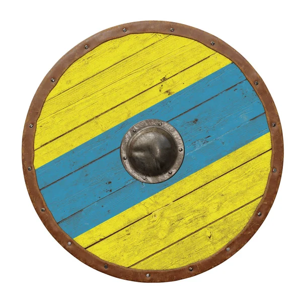 Wooden, round, medieval shield with leather tacked edge. Isolated on white background. 3D rendering