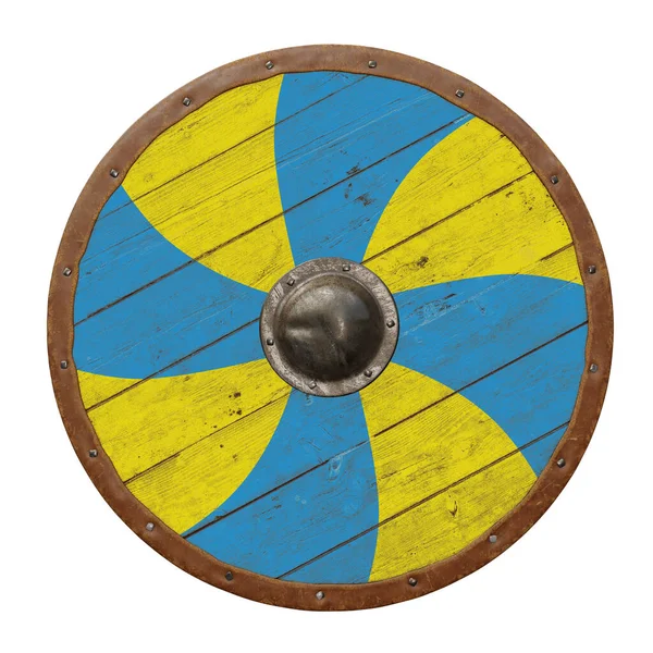 Wooden, round, medieval shield with leather tacked edge. Isolated on white background. 3D rendering
