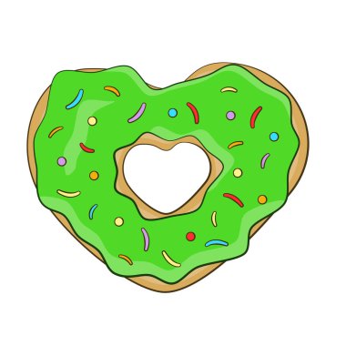 Green heart-shaped donut. Cartoon. Vector illustration. Isolated on white background
