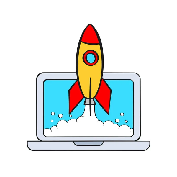 Startup Business Concept Rocket Launching Laptop Cartoon Vector Illustration Isolated — Stock Vector