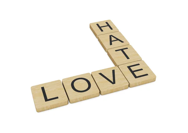 Love Hate Wörter Mit Holzbuchstaben Geschrieben Isoliert Auf Weißem Hintergrund — Stockfoto