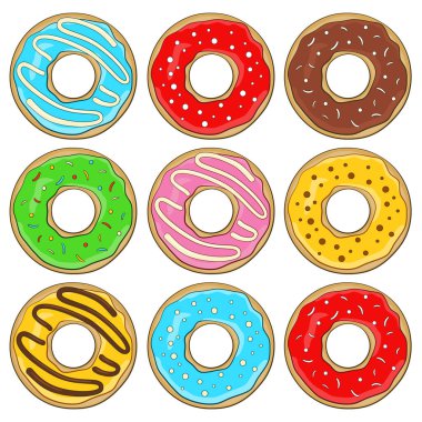 Renkli çörekler. Vektör çizimi. Beyaz arkaplanda izole