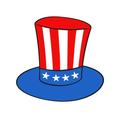 4 Temmuz. Amerikan bayrağı renginde silindir şapka. Çizgi film. Vektör çizimi. Beyaz arkaplanda izole