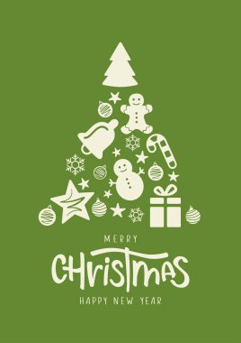 Mutlu Noeller ve yılbaşı süslemelerinden yapılmış Noel ağacıyla birlikte mutlu yeni yıl mektupları. Noel kartı konsepti
