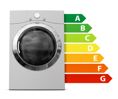 Enerji verimliliği sınıfları olan çamaşır makinesi. Avrupa Birliği enerji etiketi. Şeffaf arkaplanda izole