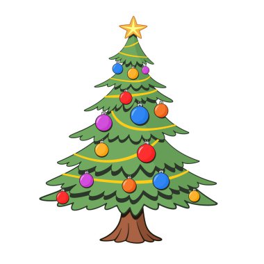 Yıldızlı ve renkli mücevherli Noel ağacı. Çizgi film illüstrasyonu