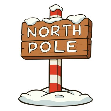 Karla kaplı ahşap tabela. Kuzey Kutbu yazıyor. Çizgi film illüstrasyonu