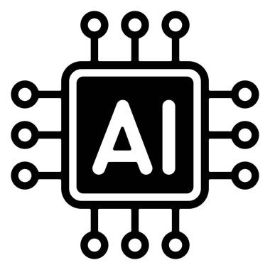 Devre çizgileri olan minimal yapay zeka çipi. Siyah ve beyaz vektör çizimi