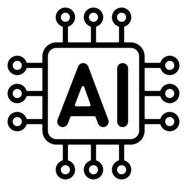 Devre çizgileri olan minimal yapay zeka çipi. Siyah ve beyaz vektör çizimi