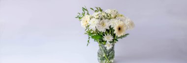 Vazoda bir buket beyaz çiçek, beyaz arka planda panoramik fotoğraf, kasımpatı, gerbera, gypôila
