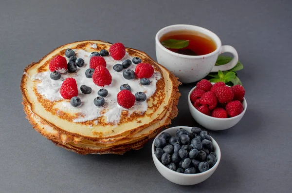 French Pancakes Berries Cup Mint Tea — Stock Photo, Image