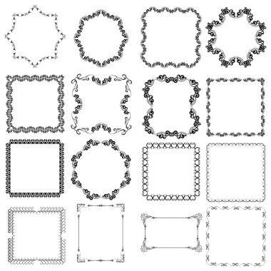 Dekoratif çerçeveler. Retro süs çerçevesi, vintage dikdörtgen süsler ve süslü kenarlık. Dekoratif düğün çerçeveleri, antikmüze resim sınırları veya deco devider. Yalıtılmış simgeler vektör seti