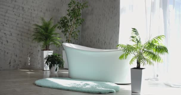 现代豪华浴室 带有热带风格的花园装饰和阳光灿烂的窗户 宽敞的灰色浴室前视图 独立的浴缸和毛绒绒地毯在地板上 复制空间 内部概念 — 图库视频影像