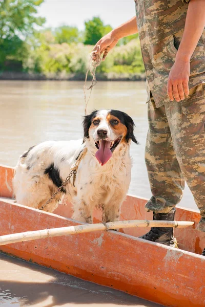 Excited dog travelling with male owner in old red boat on summer vacation. Portrait of funny irish setter enjoying vessel trip, while sticking out tongue and looking at camera. Concept of trip.