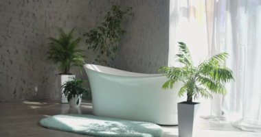 Rahat küveti ve palmiye ağaçları olan geniş gri bir banyo. Banyosu ve panoramik pencereleri olan rahat, modern banyo manzarası, kopyalama alanı. Tasarım kavramı, iç mekan.