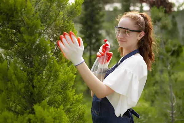Πλευρική Άποψη Της Νεαρής Γυναίκας Κόκκινα Μαλλιά Στέκεται Ψεκασμού Δέντρο Royalty Free Εικόνες Αρχείου