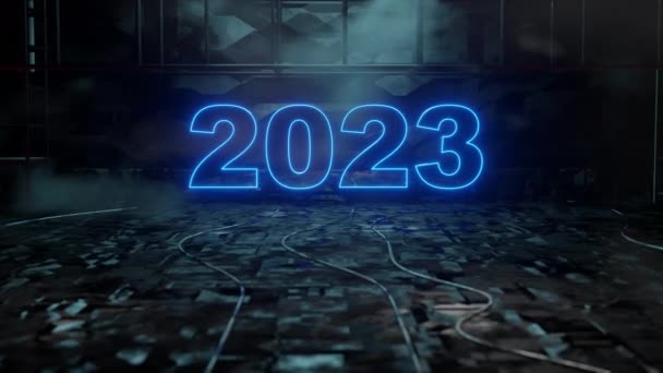 新年快乐2023蓝色霓虹灯开瓶器粒子Bokeh背景新年决心概念 — 图库视频影像
