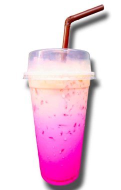 Sıcak havada Tayland usulü içecek menüsü ve beyaz arka planda soğuk içecek (pembe süt veya soğuk süt).