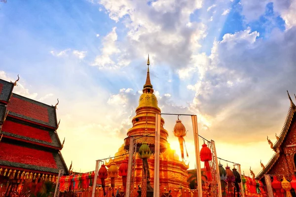 stock image 28 Dec. 2022, Lamphun, Thailand, beautiful lanterns decorated in Lanna style at Wat Phra That Hariphunchai Woramahaviharn.