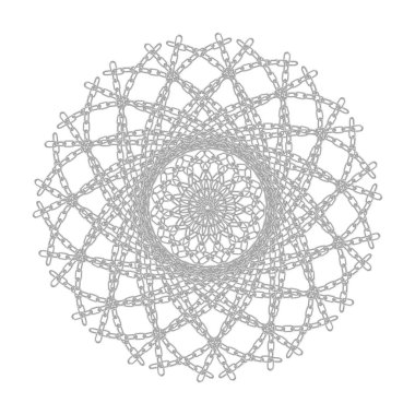 Siyah beyaz soyut sanat. Çember şeklinde dizilmiş zincir deseni, radyal çizgilerde sıralanmış çiçek yapraklarına benziyor. Güzel bir daire şeklinde yayılıyor..