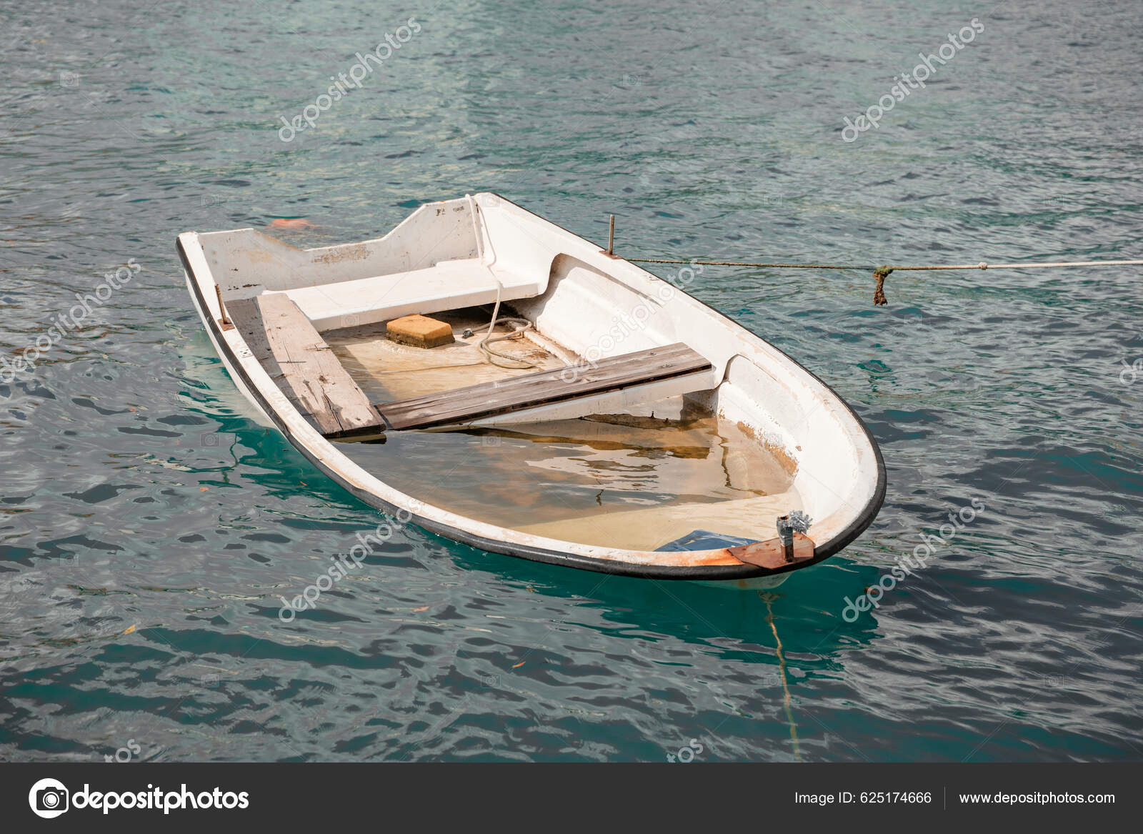 Old Leaky White Fishing Boat Submerged Blue Water Water Fishing