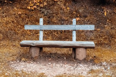 Sarı bir sonbahar ormanının arka planında ahşap bir bank. Sonbahar parkında ev yapımı ahşap bir bank duruyor..