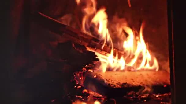 Крупный План Пожара Печи Приготовления Пищи Древесная Плита Обогрева Дома — стоковое видео