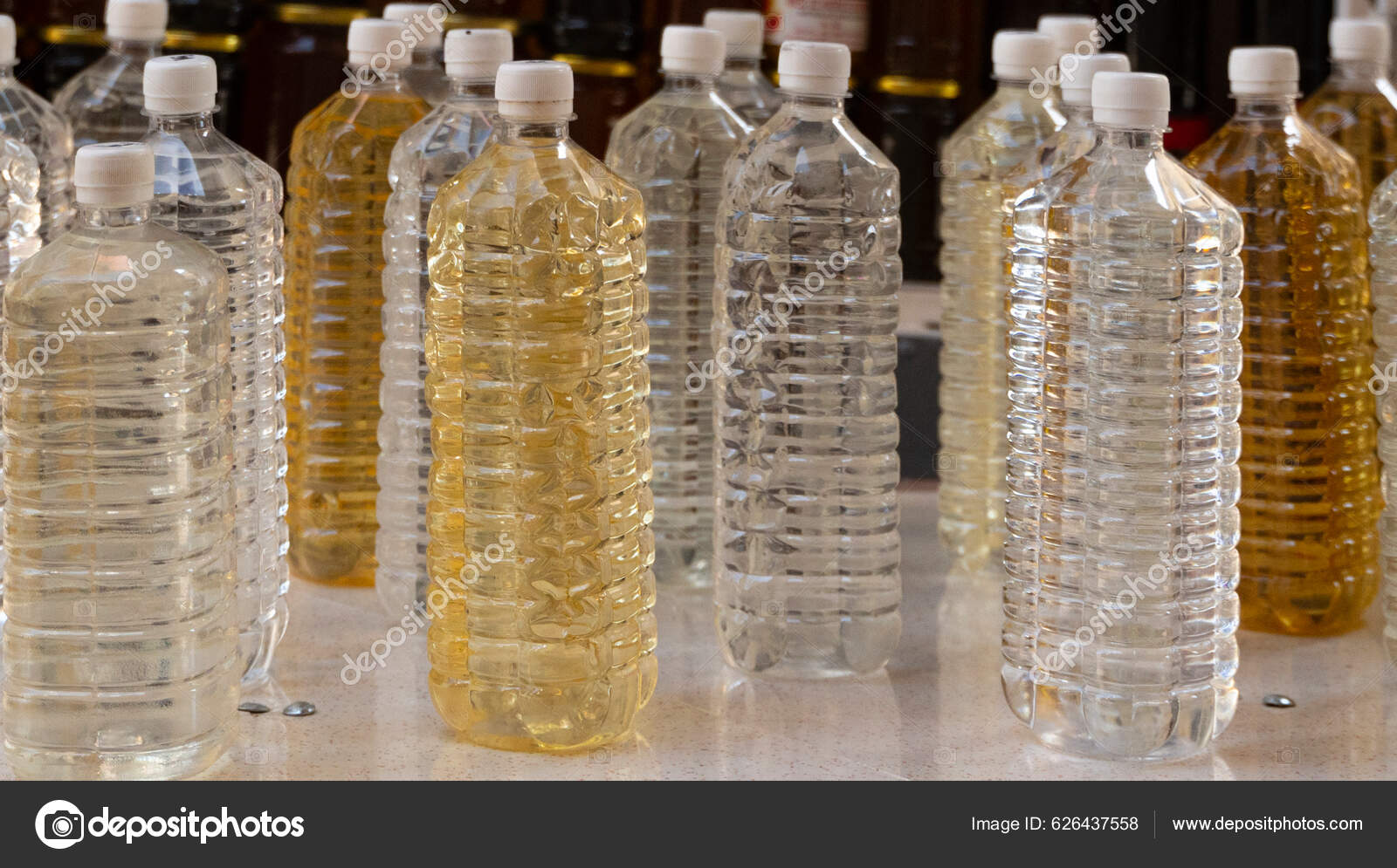 Close Many Plastic Bottles Clear Yellow Liquid Homemade Alcohol