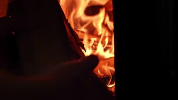 調理のためのストーブの中で火のクローズアップ 冬に家を暖めるための薪ストーブ 風呂用の金属製ストーブの火 — ストック動画