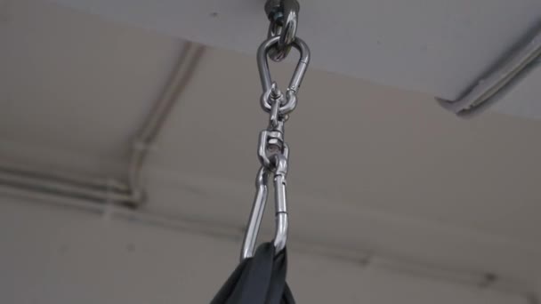 Close Metal Carabiner Attachment Punching Bag Ceiling Punching Bag Black — стоковое видео