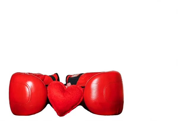Holiday Valentine Day Red Boxing Gloves Carefully Hold Heart Made — Stock Photo, Image