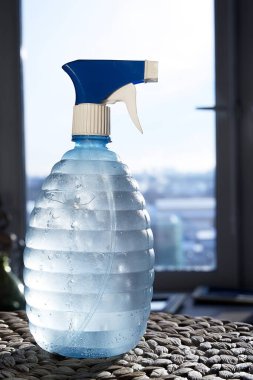 Temiz suyla birlikte su püskürtme şişesi. Konteynır sıcak bir dairede çözülür..