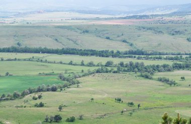 Bulgaristan 'ın yeşil alanlarının güneşli yaz havasında panoramik manzarası. Sıcak havadan hafif bir sis..