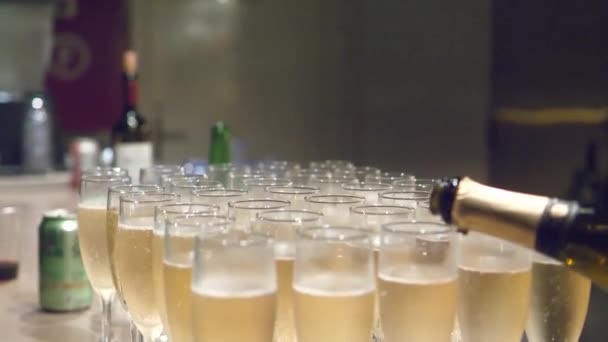 Slow Motion Footage Pouring Champagne Many Glasses — Stock Video