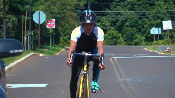 Riding Bike Car Door Opens Swerving Avoid — Stock Video