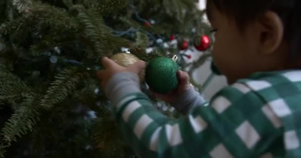 クリスマスツリーに飾りをつけて遊んでいる男の子 — ストック動画