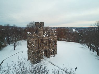 aerial view of bancroft tower in winter time